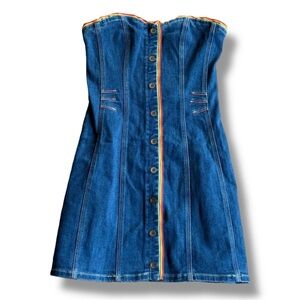 PILCRO Anthropologie Blue Denim Rainbow Trim Strapless Elastic Back Dress Sz S